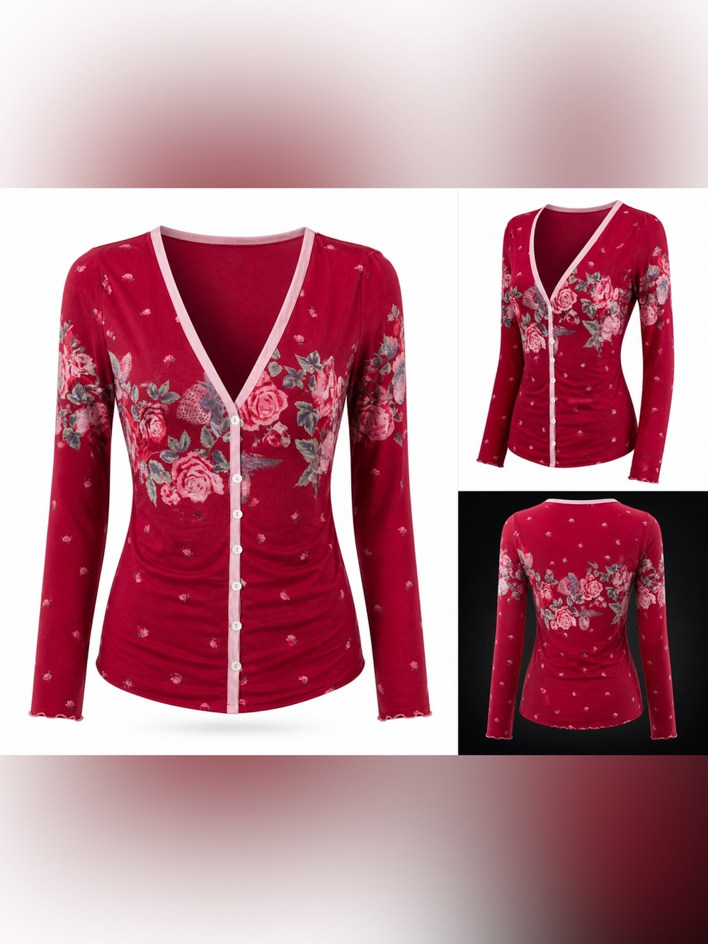 New with Tag Free People Red Roses & Strawberries V-Neck Button-Front Sweater M